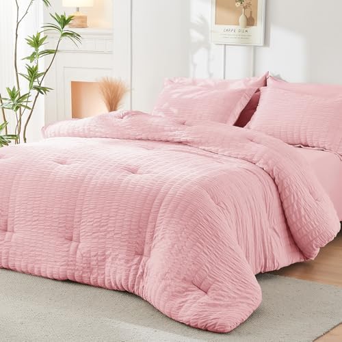 HYMOKEGE Pink Oversized King Comforter Set Seersucker 7 Pieces, All Season Luxury Bed in a Bag for Bedroom, Bedding Set with Comforter, Sheets, Pillowcases & Shams