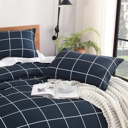 Andency Queen Comforter Sets Navy, Gingham Plaid Grid Checkered Bedding Set