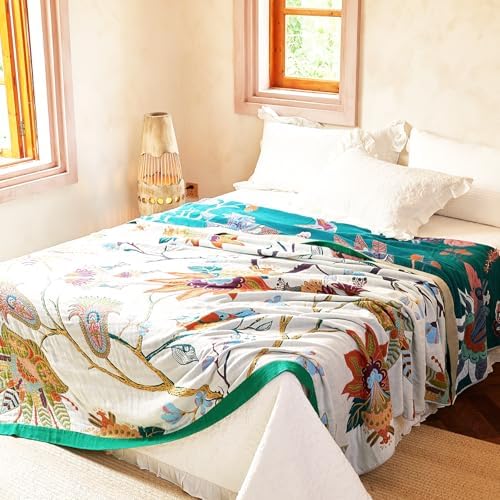VANJOROY Boho Throw Blanket, 100% Organic Cotton Breathable Skin-Friendly Ultra Soft Bed Quilt Throw - All Season Floral Bird Farmhouse Décor Luxury Blanket for Sofa Couch Chair and Gift. 60" x 80"