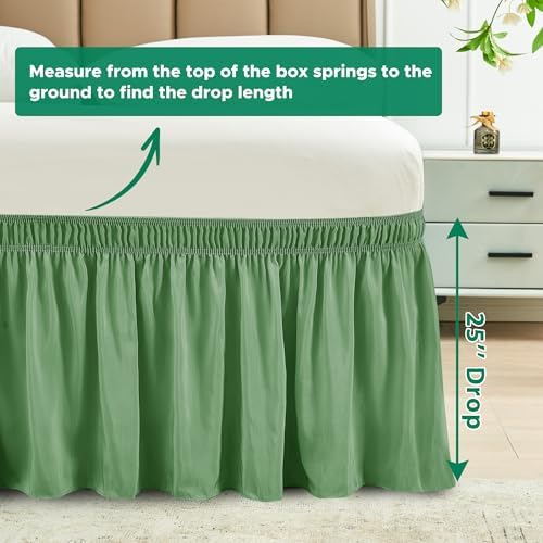 Wrap Around Bed Skirt Full Size 25 Inch Drop-Elastic Long Dust Ruffle Sage
