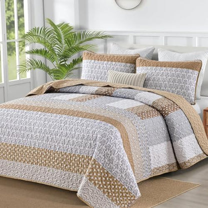 WONGS BEDDING Brown Queen Quilt Bedding Set, Bohemian Stripe Bedspread