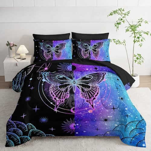 7pcs Animals Comforter Set 3D Black Blue Butterfly Printed Bedding Set with 1 Comforter, 1 Flat Sheet, 1 Fitted Sheet and 4 Pillowcases for Boys and Girls Bedroom (Butterfly-4 King