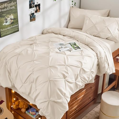 JOLLYVOGUE Twin Comforter Set 5 Pieces - Bed in a Bag Twin for All Season, Pintuck Bedding Comforter Sets with Comforter, Flat Sheet, Fitted Sheet and Pillowcases & Shams, Beige