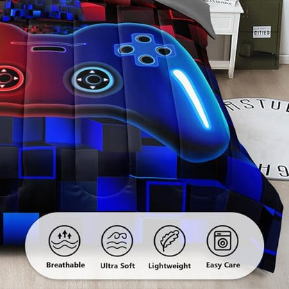 6 Pieces Kids Full Size Gaming Comforter Set, Red Blue Game Controller Bedding Set for Boys Girls Teens, Soft Microfiber Bed in a Bag with Sheets, All Season Washable Gamer Room Decor Full51