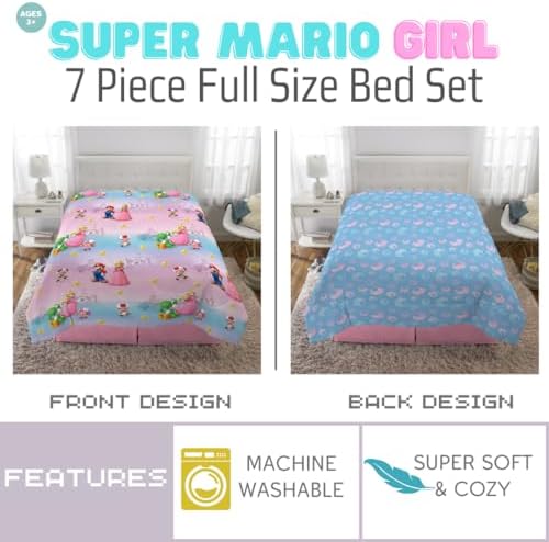 Super Mario Girl Princess Peach Girl Gamer Kids Bedding Super Soft & Cozy Reversible Microfiber Comforter and Sheet Set with Sham, 7 Piece Full Size, (Officially Licensed Product) By Franco