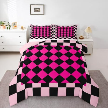 Feelyou Checkered Geometric Comforter Set All Season Rose Pink Plaid Bedding Set with 1 Pillow Cases Checkerboard Modern Aesthetic Kids Toddler Bedclothes Reversible Pink Bedroom Decor Duvet Quilt