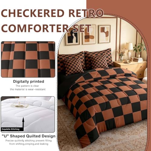 Feelyou Checkered 7 Piece Bedding Set Teen Brown Black Plaid Comforter Set with Sheets Twin Size Kids Boys Cute Retro Neutral Checkerboard Geometric Bed in a Bag Vintage Aesthetic Room Decor