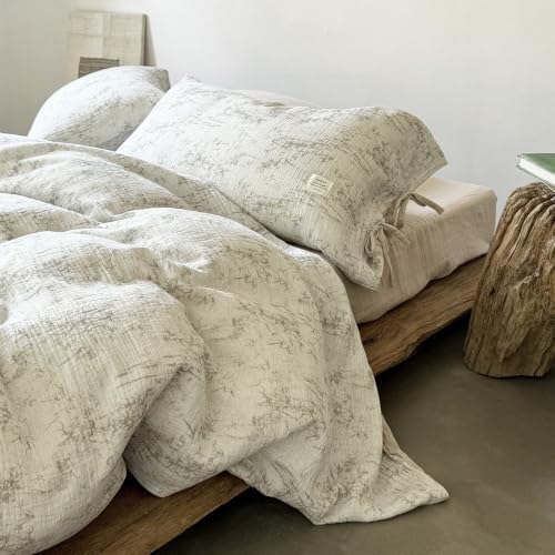 VM VOUGEMARKET Beige Ink Bamboo Print Double Layer Cotton Duvet Cover Set Twin,Natural Crinkled Cotton Muslin Bedding Set,Vintage Oriental Botanical Comforter Cover with Bow Ties