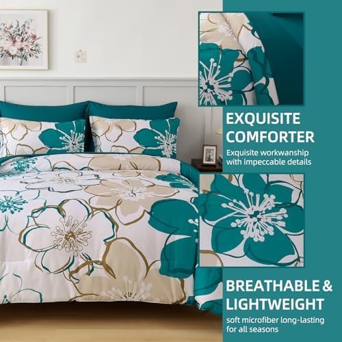 Anibedding 7Pieces Teal Grey Floral Comforter Set Queen Size, Soft Microfiber Grey Blue Bed in a Bag Comforter Set with Sheets for All Season