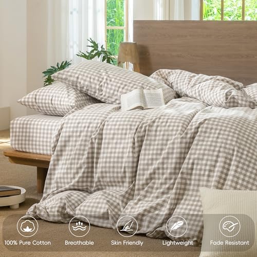 MooMee Gingham Duvet Cover Set 100% Washed Cotton Linen Like