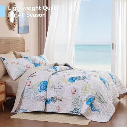 weigelia Coastal Quilt Bedding Set Queen Size - Lightweight Summer Bedspread with Blue Jellyfish Ocean Coastal Decor, Soft Nautical Comforter for All Season for Beach House Decor