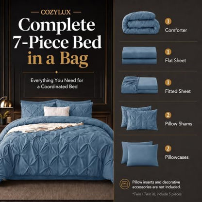 CozyLux Twin XL Comforter Set Grayish Blue, 5 Pieces Pintuck Bed in a Bag