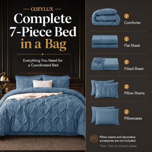 CozyLux Queen Comforter Set Grayish Blue, 7 Pieces Pintuck Bed in a Bag