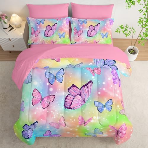 7Pcs Comforter Set Rainbow Butterfly Printed Bedding Set with 1 Comforter, 1 Flat Sheet, 1 Fitted Sheet and 4 Pillowcases for Boys and Girls Bedroom All Season(Full)