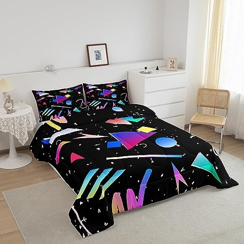 Manfei Memphis Comforter Set Twin Size, Colorful Geometric Abstract Bedding Set 2pcs for Kids Boys Girls, Retro 80s 90s Fashion Style Quilt Set Soft Polyester Duvet Set with 1 Pillowcase