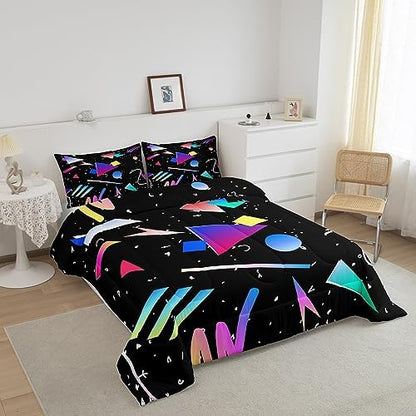 Manfei Memphis Comforter Set Queen Size, Colorful Geometric Abstract Bedding Set 3pcs for Kids Boys Girls, Retro 80s 90s Fashion Style Quilt Set Soft Polyester Duvet Set with 2 Pillowcases