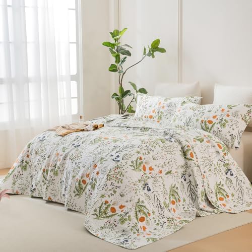 Lady Ann Oversized King Bedspreads 128x120,100% Cotton Floral Quilt Coverlet California King Size Extra Large Yellow Flowers & Leaves Pattern Plant Botanical Printed Lightweight Bedding Set, 3Pcs