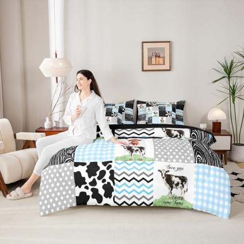Erosebridal Highland Cow Twin Bedding Set 7 Piece Cartoon Farm Animals Bed in A Bag with Sheets Cute Kawaii Comforter Set,Honeycomb Plaid Pattern Geometric Stripes Bed Sets