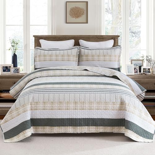 Homzard Quilts Queen Size - Cotton Queen Size Comforter Sets,Beige Grey Cotton Bedding,Striped Plaid Comforter Bedspread (90 * 98 Inches),3 Piece