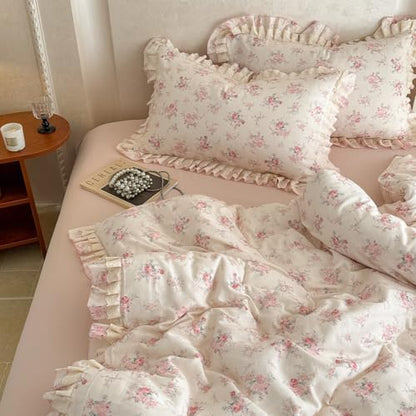 VM VOUGEMARKET Lace Ruffled Duvet Cover Set Twin,Vintage Pink Rose Flower Bedding Set,Double-Layer Gauze Cotton Soft,Breathable & Lightweight for Girls-68 x86
