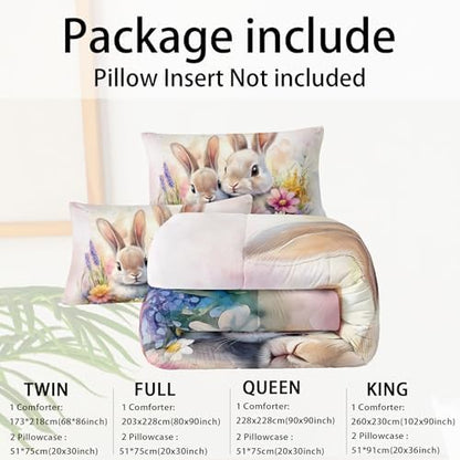 Cute Rabbit Queen Comforter Set for Kids,Kawaii Bunny Quilt Set for Boys Girls,Rural Farm Animals Fluffy Rabbit Flowers Garden Bed Set,Pink Watercolor Bedding Set for Bedroom Decor