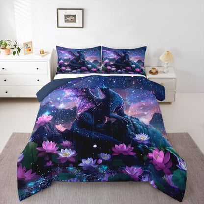 Feelyou Dragon Kids Comforter Set King Size Dragon Stuff Bedding Set Wild Life Duvet Quilt for Kids Boys Girls Bedroom Magic Wildlife Decor Blue Purply Ultra Soft Breathable