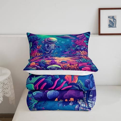 Homewish Colorful Coral Comforter Set Full Size,Cartoon Diver Bedding Set 3Pcs for Kids Girls Boys Teens Bedroom Decor,Underwater World Quilt Set Ocean Adventure Duvet Insert,2 Pillowcases