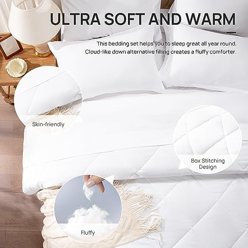 Love's cabin Oversized Queen Comforter Set, 7 Pieces Bed in a Bag, All Season Bedding Sets with 1 Comforter, 1 Flat Sheet, 1 Fitted Sheet, 2 Pillowcase and 2 Pillow Sham, White