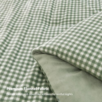 Litanika Velvet Flannel Gingham Comforter Set Twin, 3 Pcs Sage Bedding
