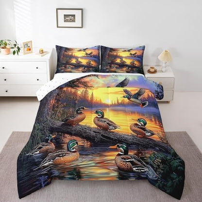Feelyou Mallard Duck Bedding Set Boys Girls Wild Duck Hunting Comforter Set for Kids Women Men Soft Lake Cabin Farmhouse Comforter Quilt Room Decor Full Size Duvet Set Boys