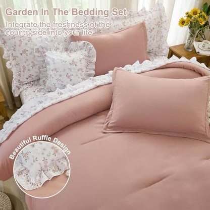 WONGS BEDDING 8PC King Comforter Set, Ruffle Comforter with Floral Sheets