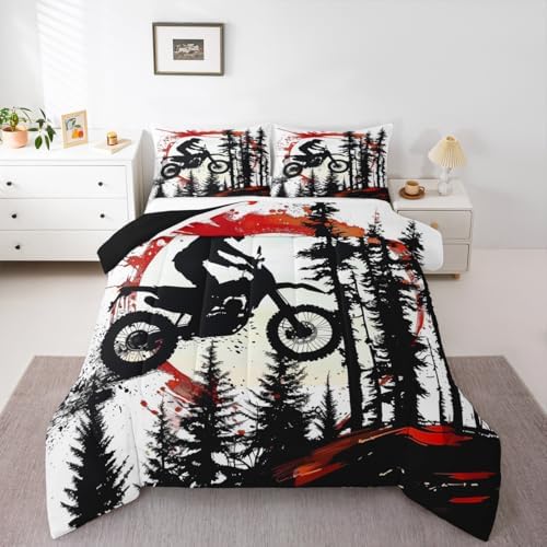 Feelyou Motocross Comforter Set All Season Red Splatter Elements Bedding Set with 2 Pillow Cases Dirt Bike Microfiber Kids Full Bedclothes Motorbike Bedroom Decor Dynamic Racing Scene Duvet Quilt