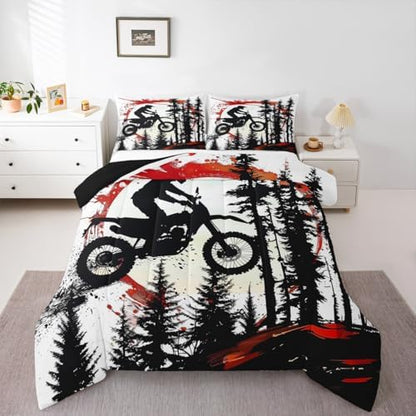 Feelyou Motocross Comforter Set All Season Red Splatter Elements Bedding Set with 2 Pillow Cases Dirt Bike Microfiber Kids Full Bedclothes Motorbike Bedroom Decor Dynamic Racing Scene Duvet Quilt