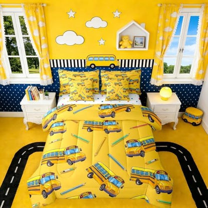 Erosebridal School Bus Queen Bed in A Bag for Home, School Truck Comforter Set with Sheets for Kids Boys Girls Teens Bedroom Decor, Cartoon Car Theme 7 Pcs Bedding Set, Yellow Bed Sets