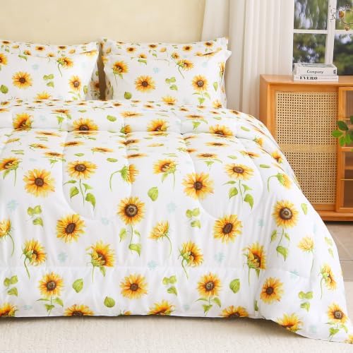 lasoftan Floral Queen Comforter Set with Sheets, 7 piece Luxury Vintage Bedding, Soft Microfiber Bed in a Bag, Cozy Lightweight Bed Set, Lavender Flower Grey Leaf