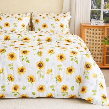 lasoftan Floral Queen Comforter Set with Sheets, 7 piece Luxury Vintage Bedding, Soft Microfiber Bed in a Bag, Cozy Lightweight Bed Set, Lavender Flower Grey Leaf