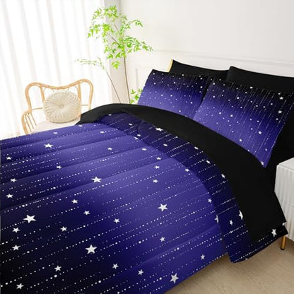 QOOMO Blue Galaxy 7 Pieces Comforter Set King,Starry Sky Bedding Set