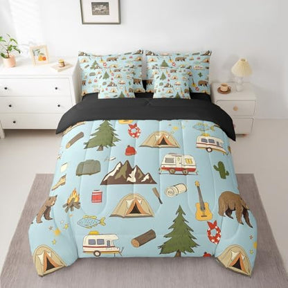 Erosebridal Camper 7 Pcs Bedding Sets for Travel Trailers Bunk,Happy Camping Comforter Set Twin Bed in a Bag for Kids Boys Girls,Pine Tree Bear Duvet Insert,Camper Accessories Travel Car Flat Sheet