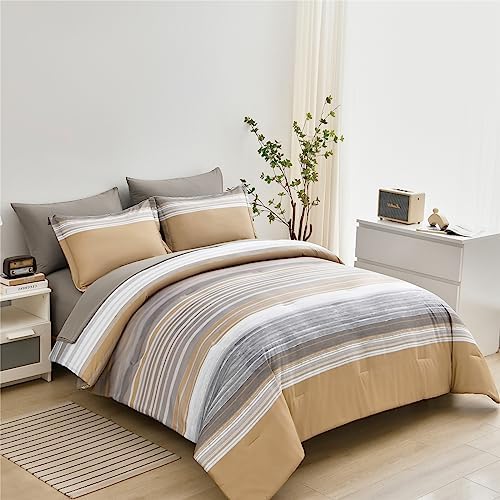 KAKIJUMN Striped Comforter Set Queen Size, 7 Piece Bed in a Bag, Warm Tan