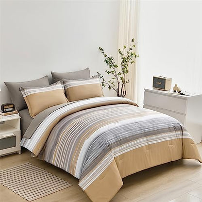 KAKIJUMN Striped Comforter Set Queen Size, 7 Piece Bed in a Bag, Warm Tan
