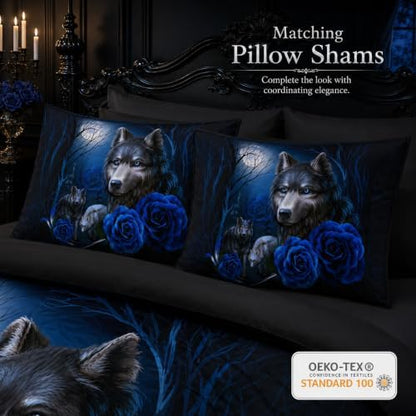 CCoutueChen Wolf Comforter Set Queen Size, Blue Rose Moon Gothic Bedding