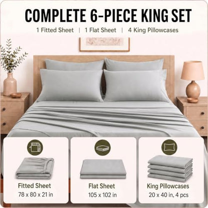 CozyLux King Size Sheets Set 6-Piece, 21-Inch Deep Pocket, Soft Feel