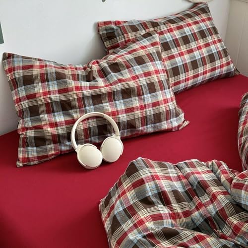mixinni Vintage Red & Brown Buffalo Plaid Duvet Cover Set Full Size - 3 Piece Washed Cotton Bedding Set with Classic Checkered Pattern, Cozy Farmhouse Duvet Cover with Pillowcases for All Seasons