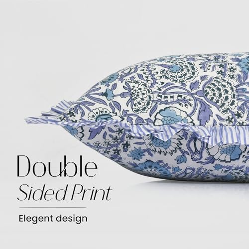 CPC Block Print Indigo Blue Ruffle Cotton Lumbar Pillow Cover 14x36 inch