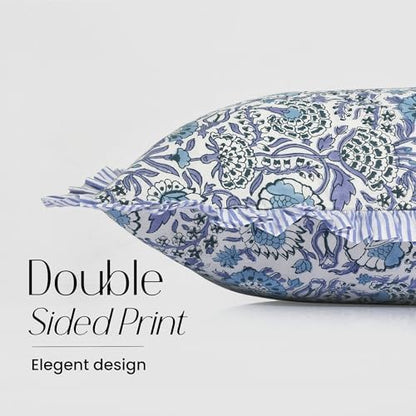 CPC Block Print Indigo Blue Ruffle Cotton Lumbar Pillow Cover 14x36 inch