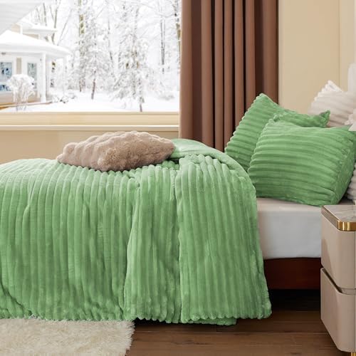 BEDELITE Fleece Full Comforter Set, Fluffy Bed Set, Green