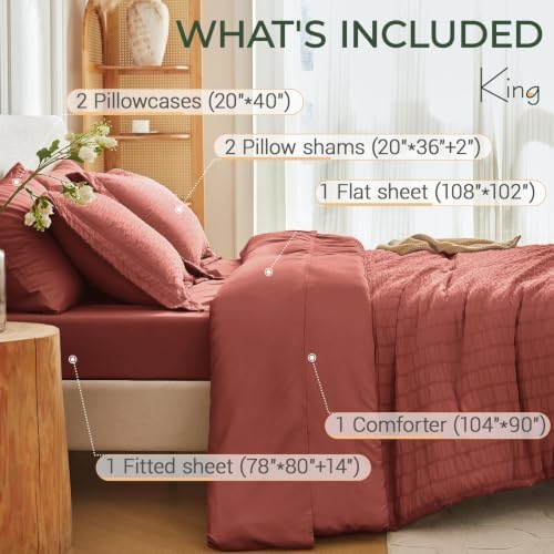 MUXHOMO 7 Pieces King Comforter Set, Seersucker Bed in a Bag King Size, All Season Luxury Bedding Set with Comforter, Flat Sheet, Fitted Sheet, Pillowcases & Shams, Coral