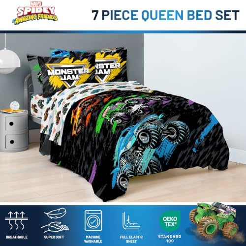 Monster Jam Trucks Queen Comforter Set 7 Piece Kids Bedding for Boys, Black