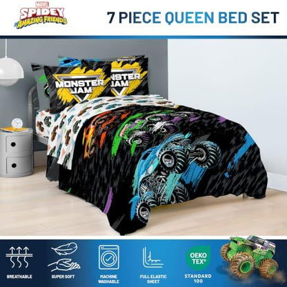 Monster Jam Trucks Queen Comforter Set 7 Piece Kids Bedding for Boys, Black