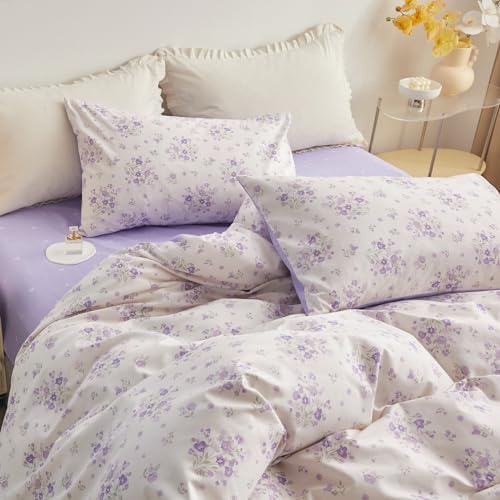 LifeTB Vintage Floral Comforter Set Queen Purple Flower Bedding Comforter for Queen Bed Boho Garden Floral Botanical Comforter with 2 Pillowcases Farmhouse Bedding Girls Floral Comfy Comforter Set